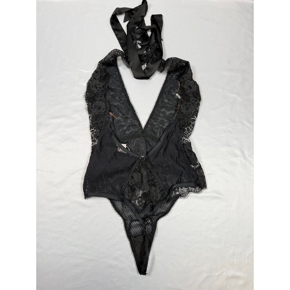 Victoria's Secret Black Silver Lace Halter Teddy Bodysuit Lingerie S Small Tie